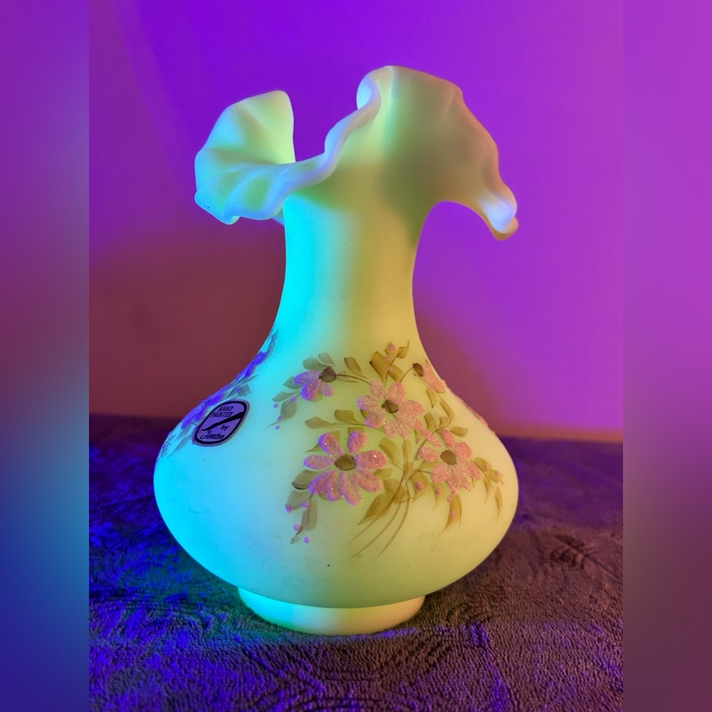 Vintage Fenton Satin Custard Glass Vase Crimped Trim Hand Painted Signed